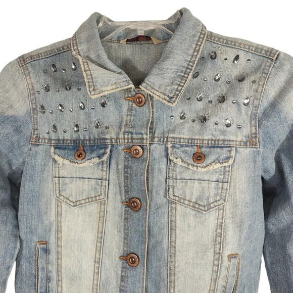 Highway Jeans Denim Button Up Jacket Women Size L Embellished Long Sleeve Pocket - Picture 2 of 9